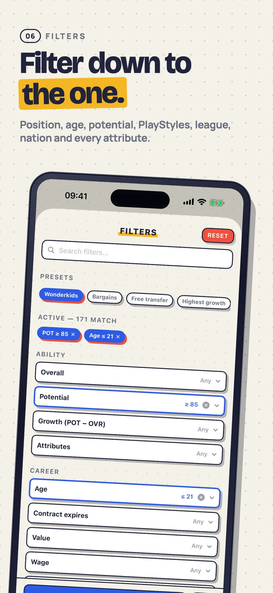 Filter-Builder mit Voreinstellung Wunderkinder sowie Filtern für Potenzial, Alter und Attributbereiche